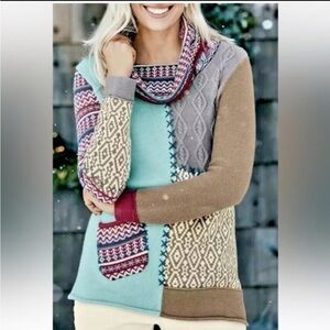 Coldwater Creek Patchwork Cowl Neck Knit Sweater Stitch Lagenlook Trendy Size XL